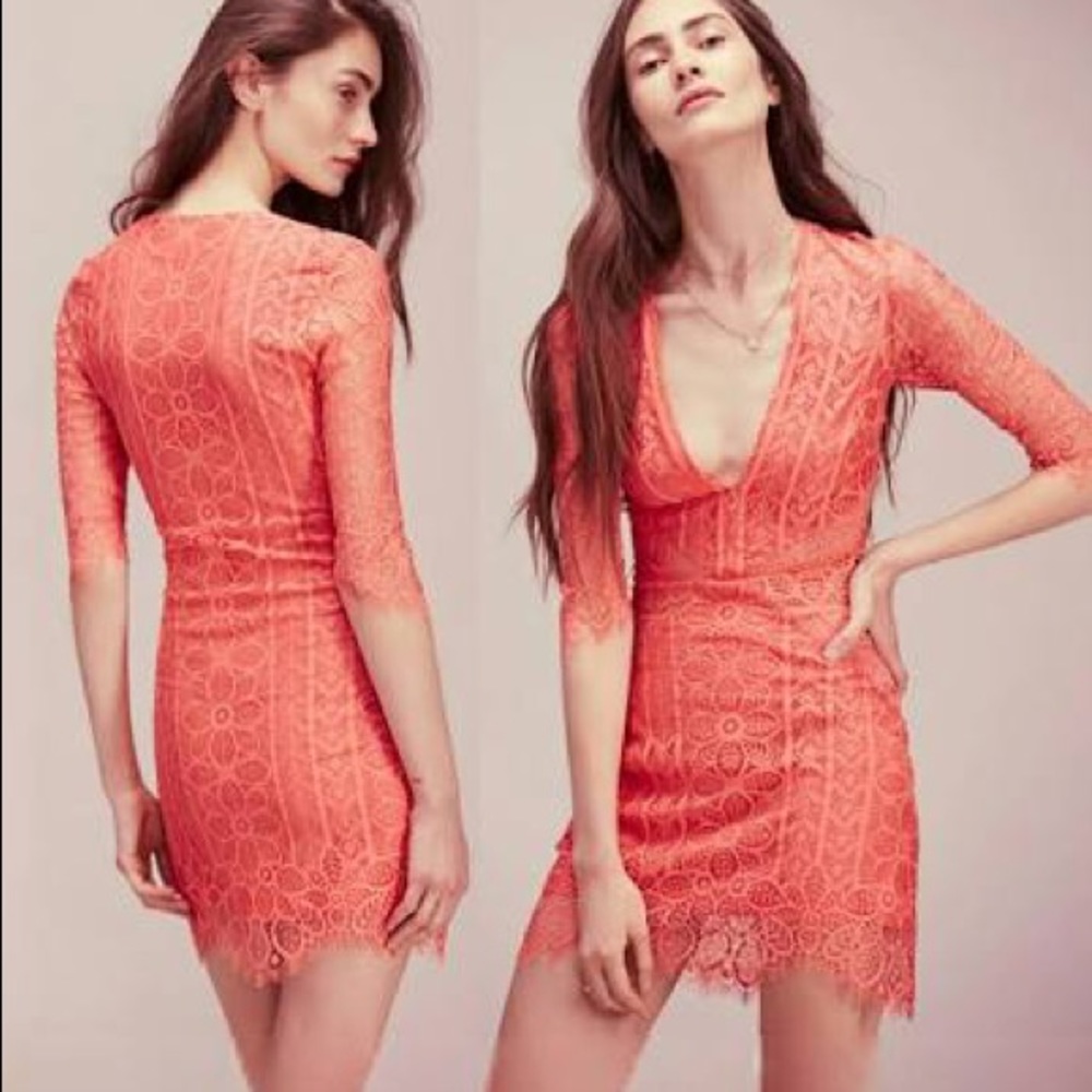 For Love & Lemons Lyla Lace Coral Cocktail Dress Size L